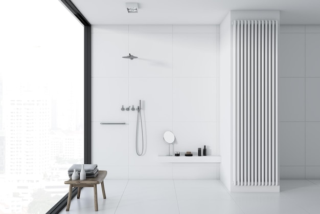 Фото Интерьер ванной комнаты из белой плитки с полом из белой плитки, панорамным окном и душем. концепция уютного дома. 3d рендеринг макет