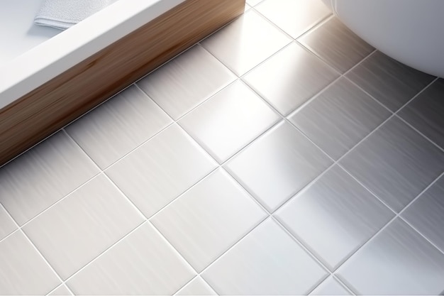 白いタイルの床の背景は視点の見方でグリッドラインの質感やパターンで清潔な表面と対称性があります浴室キッチン洗室の装飾のためにトップビュー