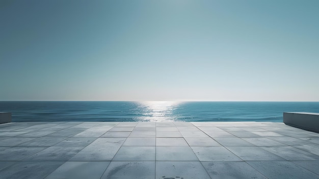 a white tile floor with a sea view in the background