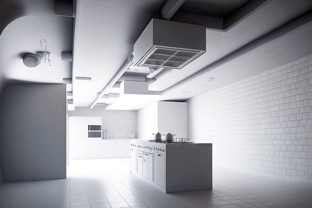 White tile kitchen with empty loft and ventilation ducts on ceiling