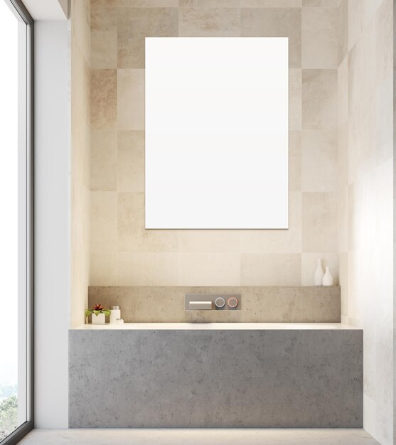 White tiled bathroom interior a bathtub a poster