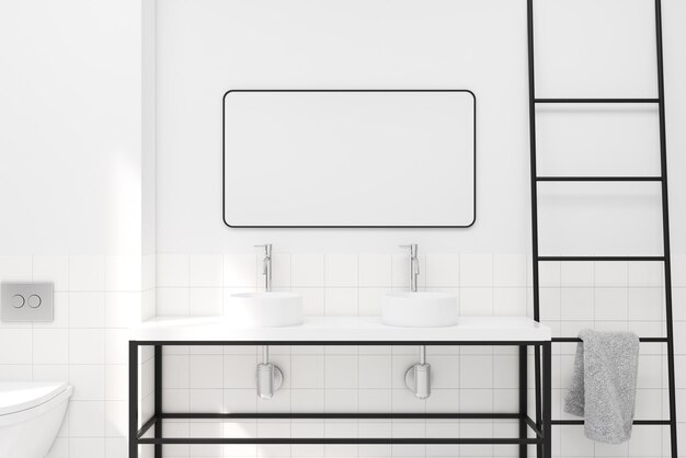 White and tiled bathroom interior idea. A double sink with a rectangular mirror. A ladder. A close up 3d rendering mock up