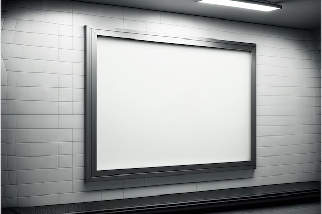 White tiled wall in empty passage with blank lightbox mockup