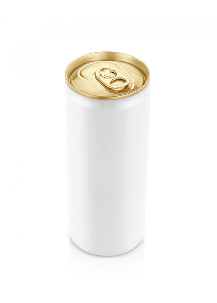 White tin can with golden top for drink beverage