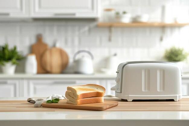 White toaster on wooden cutting board