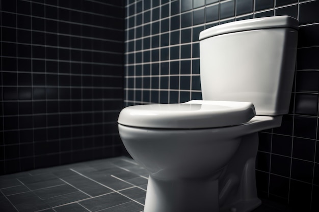 A white toilet in a bathroom with a black tile floor.