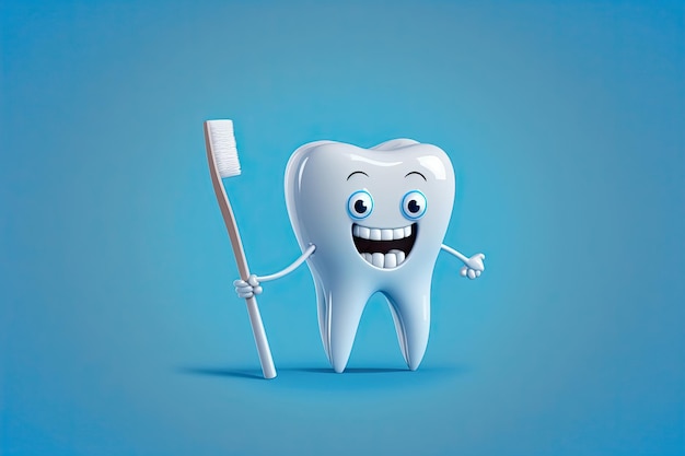 White tooth cartoon character with a toothbrush on blue background Generative AI