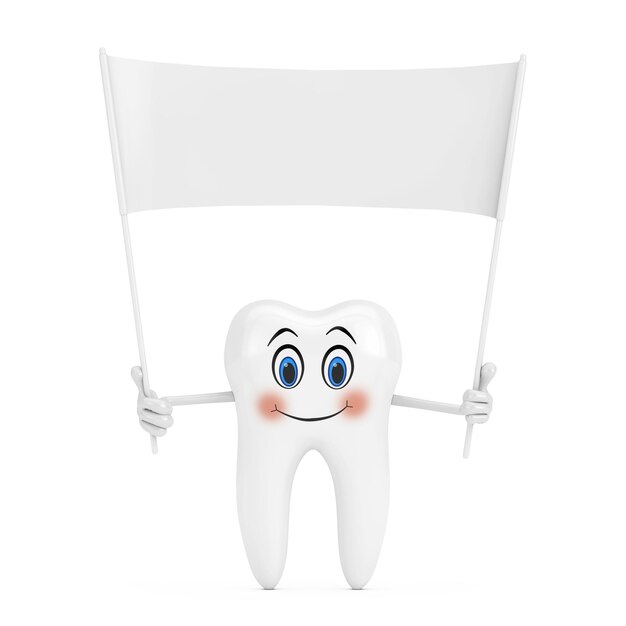 Photo white tooth person character mascot and empty white blank banner with free space for your design on a white background 3d rendering