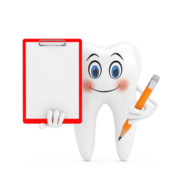 White Tooth Person Character Mascot met rood plastic klembordpapier en potlood op een gele achtergrond 3D-rendering