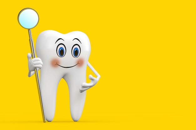 White Tooth Person Character Mascot with Dental Inspection Mirror for Teeth on a yellow background 3d Rendering