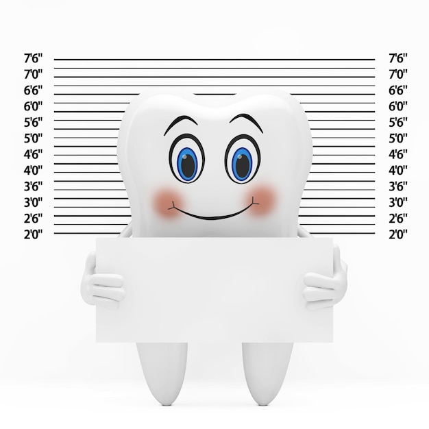 Foto mascotte del personaggio della persona del dente bianco con targa di identificazione davanti alla formazione della polizia o sfondo mugshot rendering 3d di primo piano estremo