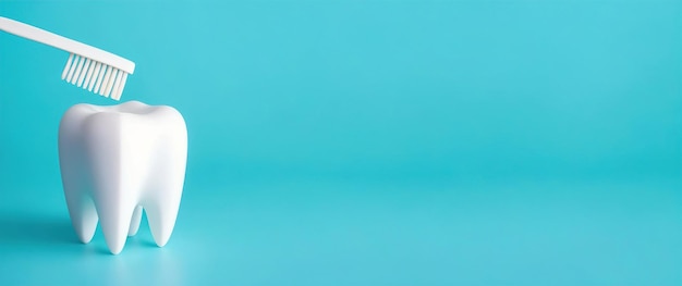 Photo white tooth and toothbrush on a blue background banner generative ai