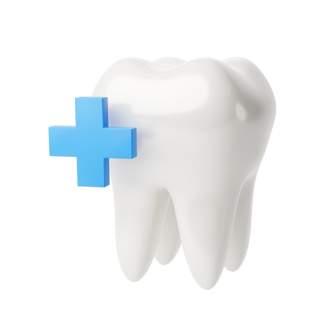 Photo white tooth with a blue plus symbol 3d render isolated on white