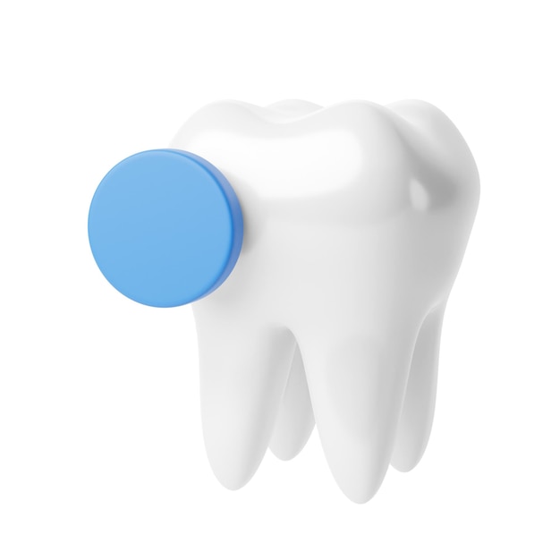 Белый зуб с голубой круглой рамкой 3D-рендер, изолированный на белом