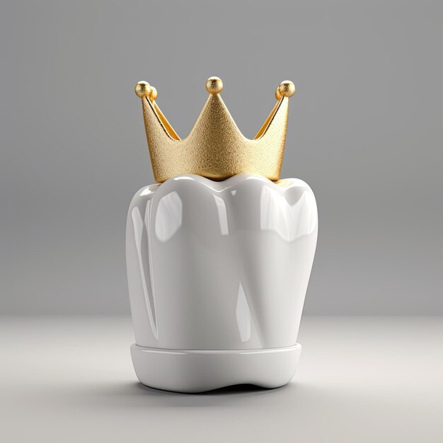 White tooth with small golden crown white background