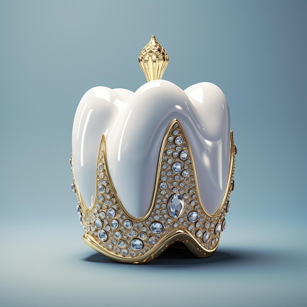 White tooth with small golden crown white background