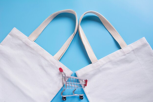 White tote bag canvas fabric and chopping cart.