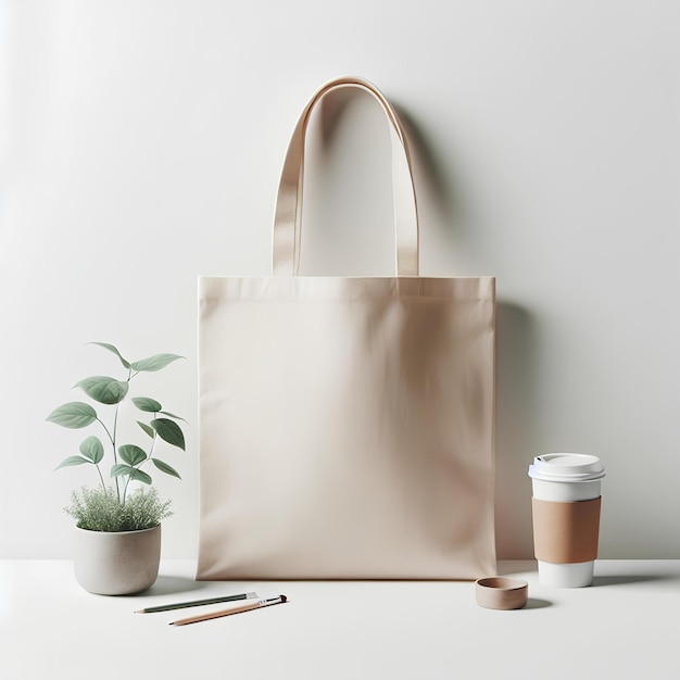 Photo white tote bag mockup on light background blank tote shopping bag with rope handles on coffee and va