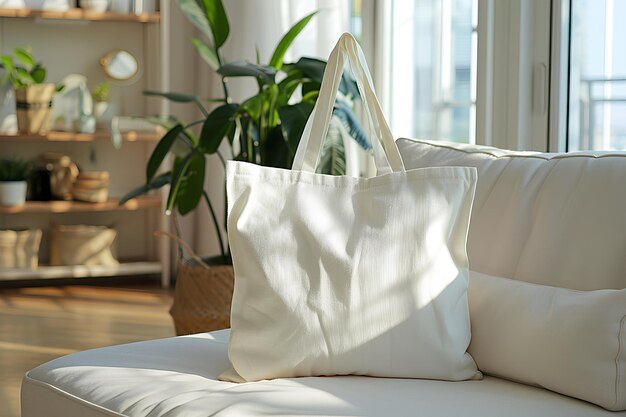 A white tote bag sitting on top of a white couch