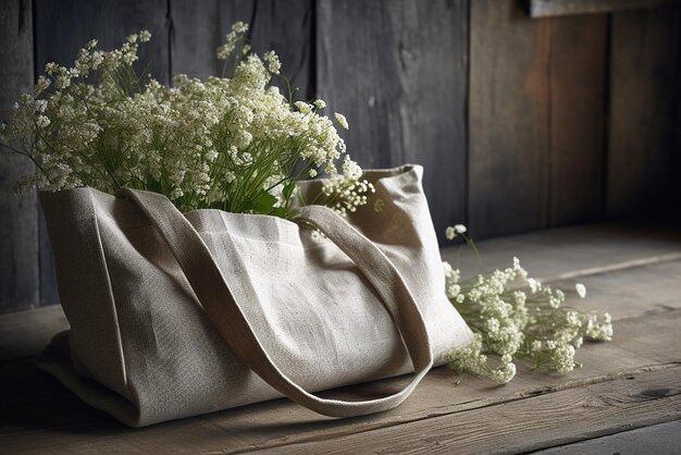Photo white tote bag with spring flowers reusable shopping bag with copy space eco friendly concept