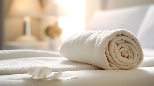 Белое полотенце на кровати в гостиничном номере