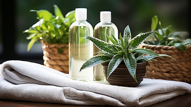 Photo white towel bottles of shampoo on a table with green aloe