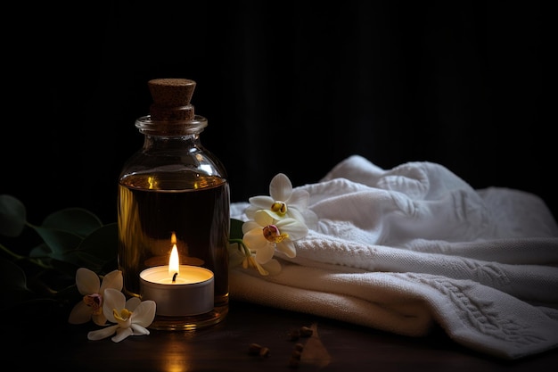 White towel a small bottle of essential oil and candle light Stilllife concept