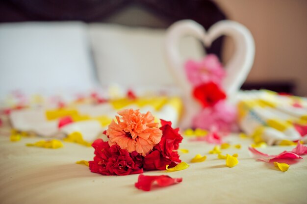 White towel swans and flowers on a bed