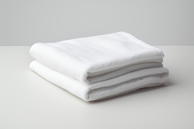 Белое полотенце, аккуратно сложенное и стоящее отдельно на белом фоне.