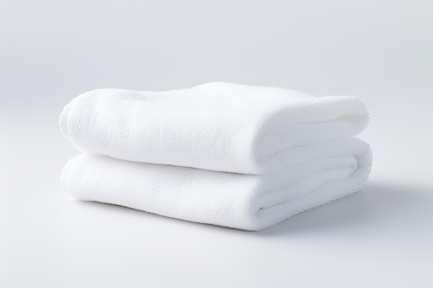 Белое полотенце, аккуратно сложенное и стоящее отдельно на белом фоне.