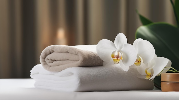 A white towel and a white orchid flower