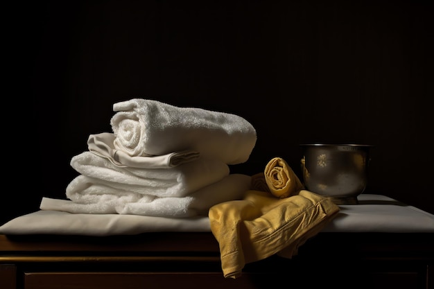 White towels are stacked in the sauna