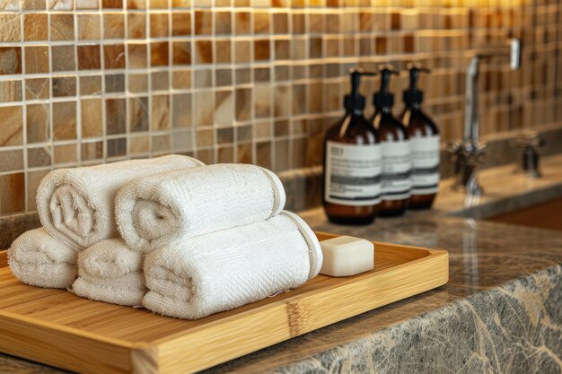 White towels and soap on a wooden tray in a modern bathroom