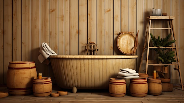 伝統的な風呂場の白いタオル 純さとリラックスを象徴する木製のベンチに敷かれた白のタオルのセットを体験する