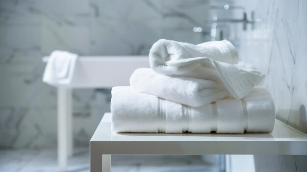 White towels on white table with copy space on blurred bathroom background