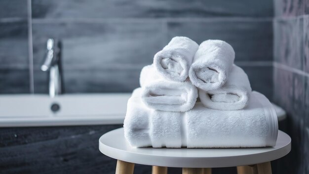 White towels on white table with copy space on blurred bathroom background