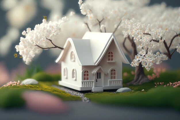 White toy house and cherry flowers spring abstract natural background concept of rental AI Generation