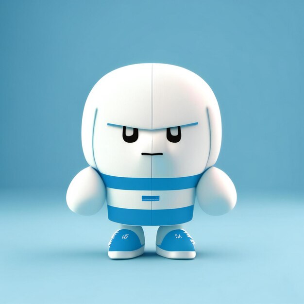 A white toy with a blue and white shirt on it