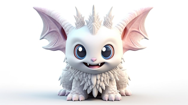 a white toy with a purple tail and pink eyes.