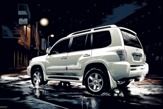 A white toyota sequoia is parked in a snowy street.