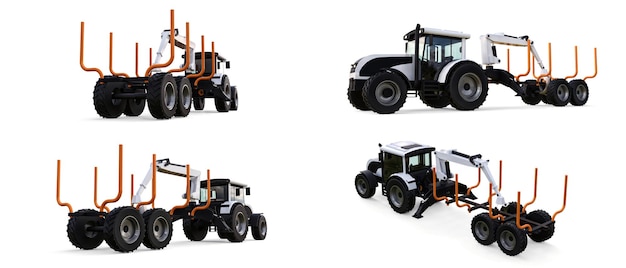 White tractor with a trailer for logging on a white background 3d rendering