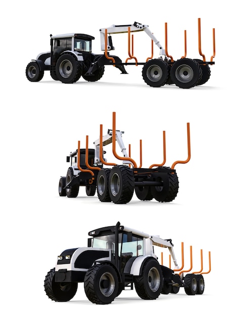 White tractor with a trailer for logging on a white background 3d rendering