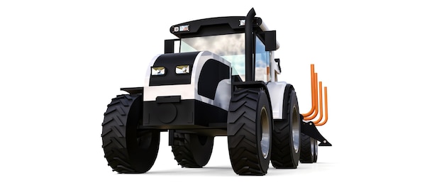 White tractor with a trailer for logging on a white background. 3d rendering.