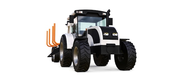 White tractor with a trailer for logging on a white background. 3d rendering.