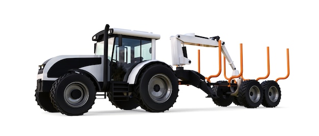 White tractor with a trailer for logging on a white background. 3d rendering.