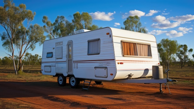 A white trailer parked on a dirt road