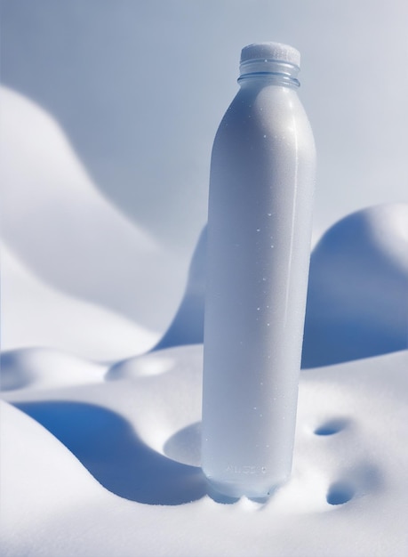 White and transparent bottle on a snowy and icy landscape Design for mockup