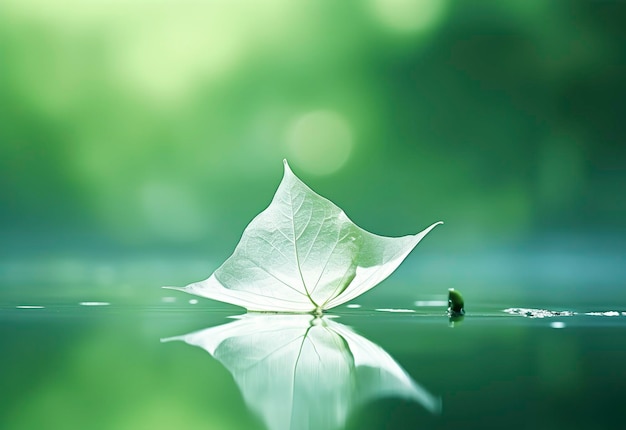 緑の背景のマクロに反射を持つ鏡面に白い透明な葉