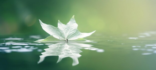 Photo white transparent leaf on mirror surface with reflection on green background macro