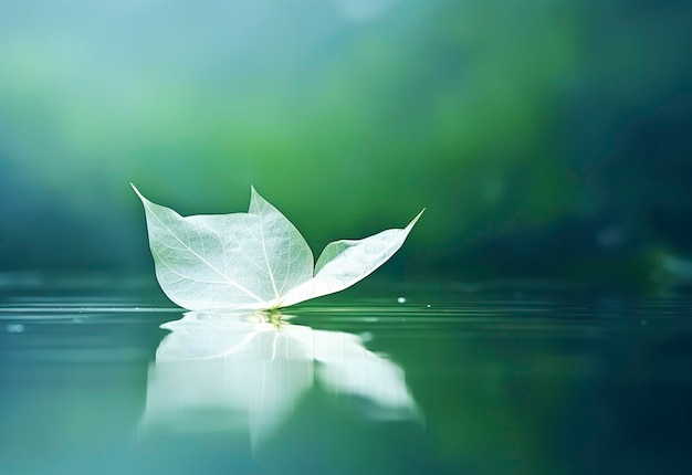 Photo white transparent leaf on mirror surface with reflection on green background macro